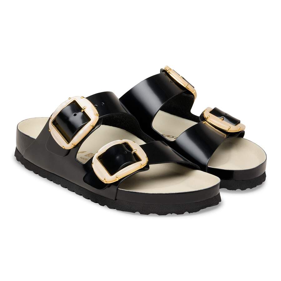 Arizona Big Buckle Natural Leather Patent - High-Shine Black/Ecru